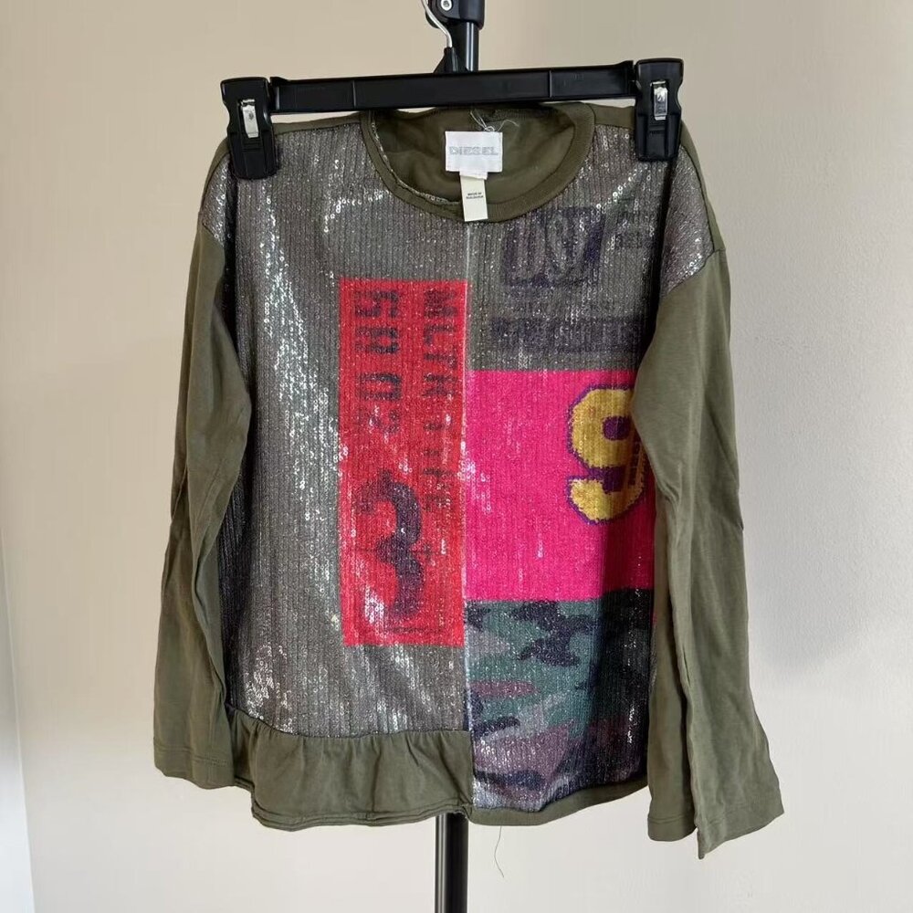 NWOT Diesel Green Girls Sequin Size 8 Long sleeve T-Shirt 100% cotton